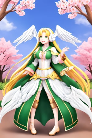 in the sakura flowers.Turn slightly, 1girl, Divine Chant, 4th Seat of the Black Scripture, blonde hair, green eye, pink dress, green hood, very long hair, 1girl, (white angelwing-shaped earmuffs:1.3),