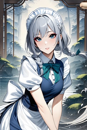 Very beautiful and elegant girl, close-up, sumi-e forest in background, attractive asian makeup, Ink brushstrokes in background, stunning image, ((masterpiece: 2)), excellent quality, light particles, fine art parody, Ink art style,Sakuya,Sakuya Izayoi,blue maid outfit,white apron,white maid headband,silver short hair,two braided hair,blue eyes,green ribbons on her braid,big green bowtie