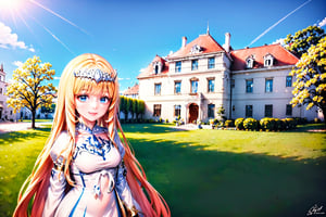 Pretty and charming girl. Hyperdetailing masterpiece, hyperdetailing skin, masterpiece quality, with 4k resolution. Charming smile. Mansion in background. She belongs to the nobility. 1girl, solo, Calca, Calca Bessarez, blonde hair, (extremely long hair:1.4), very long hair, white tiara, white dress, blue eyes, medium chest