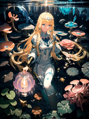 1girl, colossal, facial mark, light particles, depth of field, dark seas, water, underwater, sea foliage foreground, colorful, underwater cave, dripstone, stalactite, stalagmite, buccaneer, fur-trimmed cape, corals, sea anemone, sea weed, coral reef scenery, golden treasure, golden pile, water caustics, glowing jellyfish, bubbles, treasure chest, from above, close-up, highres,, calca, blonde hair, long hair, medium chest, extremely long hair, very long hair, extra lonh hair, white tiara, white dress, blue eyes