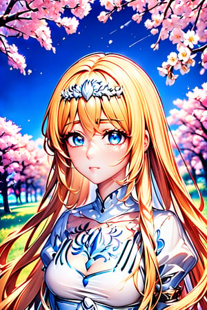 ((masterpiece: 1.2)), beautiful and aesthetic girl, ((1girl)), extreme detailed, highest detailed image, ((detailed eyes)), ((light particles)), , , , cherry blossom, cherry blossoms, mdeium shot., solo, Calca, Calca Bessarez, blonde hair, (extremely long hair:1.3), very long hair, white tiara, white dress, blue eyes, medium chest