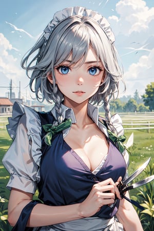 (masterpiece), best quality, expressive eyes, perfect face, looking at viewer, , , (portrait), (upper body), mature female,  (perfect breasts), (pasture), sky, ,izayoi sakuya, ,1girl, solo, silver hair, blue eyes, short hair, blue maid dress, white apron, holding knives, flying knives, green ribbons, maid headband
