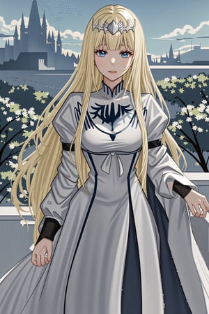 かわいい女の子, 1girl, solo, calca, blonde hair, , medium chest, extremely long hair, very long hair, extra long hair, white tiara, white dress, blue eyes, a castle in the background, daytime, beautiful scenery,<lora:659111690174031528:1.0>