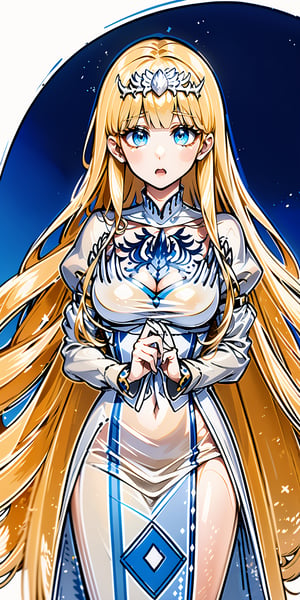 1girl, solo, Calca, Calca Bessarez, blonde hair, (extremely long hair:1.3), very long hair, white tiara, white dress, blue eyes, medium chest,extremely long hair