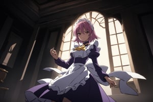 masterpiece, best quality, very aesthetic, absurdres, official art, 

closed mouth, cowboy shot, looking at viewer, simple background, 
cinematic shadow, cinematic lighting, ,1girl, dark purple maid dress, white apron, white maid headband, yellow double necktie, puffy sleeve, long sleeve, dark pink hair, sidelock, short hair, dark pink eyes, 25 year olds, indoor, in luxurious living room, perfect light, window