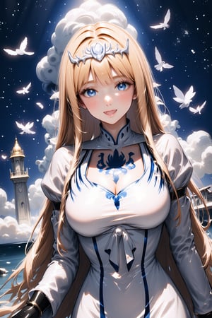 1girl, solo, palace in background, looking at viewer, smiling, blushing, one eye closed,, ((masterpiece: 1.2)), light particles, stunning image, attractive image, digital art, professional style, anime style