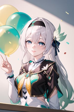 masterpiece, best quality, incredibly absurdres, , multiple colorful balloons, sitting, happy, closed mouth, painter artist outfit, very long hair,, confetti, upper body, bangs, hand behind back,1girl, solo, silver hair, black headband, gradient eyes, hair ornament, firefly from Honkai Start Rail,medium breasts