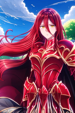 looking at the viewer, cowboy shot, outdoors, , sky, day, ,, cloud, , tree, blue sky,Rubedo,Red Female Knight,1girl,yellow eyes,red hair,extremely long hair,red armor,hair between eyes,black cloak,Gauntlet