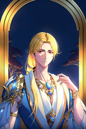 The background of the picture is a luxurious ancient city. Detailed eyes, detailed image, and a proportional and beautiful body. It's nighttime. upper body,Hyouka,1male,solo,blonde hair,brown eyes,one-sided braid,very long braided hair,one shoulder armor, handsome man, 25 years old, serious face