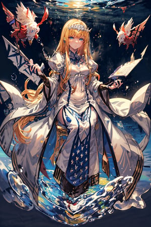 full body,  , ultra-high resolution,8k, Hdr,sitting on the throne, splash art, 1girl, solo, Calca, , , blonde hair, medium chest, extremely long hair, very long hair, extra long hair, white tiara, white dress, blue eyes,