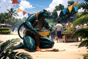 //Quality,
(masterpiece), (best quality), 8k illustration,
//Character,
1lizardman, solo, , , ,

 ,, zenberu, dark green skin, green eyes,Songkran Festival,

Songkran day, water splash, water festival, water gun, sand castle, water bucket, golden pagoda, golden temple, festival flags, effect of flowing water, colorful style, Thailand decoration, colorful swimming glasses,masterpiece