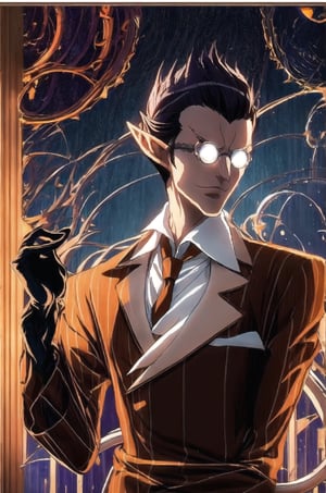 ((masterpiece))),best quality, illustration, 
Demiurge, orange suit, orange trouser, Orange Necktie, Silver Round Glasses, short hair, pointy ears, black hair, Diamond Eyes, long metal tail,  black gloves, demiurge, (Halloween decoration:1.4), (Halloween poster:1.3), graveyard, outdoor, 
upper body, spooky atmosphere, ghost around, skeleton around,