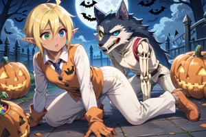 score_9,score_8_up,score_7_up,source_anime,BREAK,Aura Bella Fiora \(overlord\),short hair, blonde hair, hair between eyes, blue eyes, green eyes, heterochromia, pointy ears, dark skin, elf, ahoge, Halloween shirt, long sleeves, Halloween gloves, , white vest, white pants, orange footwear, 1girl, (Halloween party:1.4), (Halloween decoration:1.4), grave yard, night time, skeleton around, Haunted house, Ghostly fog, (black wolf:1.4), playing with the wolf