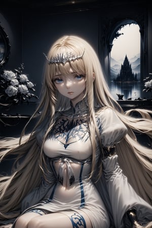 Beautiful girl. She is very badass,  detailed image, detailed skin. close-up, sitting, luxurious room in background.,Ink art, 1girl, solo, Calca, Calca Bessarez, blonde hair, (extremely long hair:1.3), very long hair, white tiara, white dress, blue eyes,extremely long hair