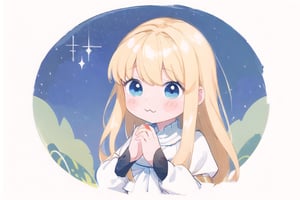 (cute illustration:1.4),(fuwafuwa illustration:1.3),masterpiece, 1girl, blonde hair,（Holding glowing stars in both hands：1.6）,better_hands, calca, extremely long hair, white dress, blue_eyes, long_sleeves, cute, child, adorable