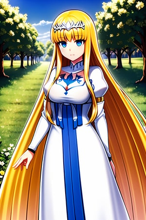 
masterpiece, best quality, 1girl, solo, Calca, Calca Bessarez, blonde hair, (extremely long hair:1.3), very long hair, white tiara, white dress, blue eyes, medium chest,