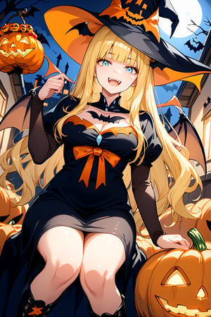 score_9, score_8_up, score_7_up, 1girl,, halloween dress, white bat wings, multiple bat, orange bat ears, black boots, floating, sitting on pumpkin, from below, looking at viewer, smug, closed mouth, outdoors, night, fangs, glitter eyes, (Halloween party:1.4), (Halloween decoration:1.4),Calca,Calca Bessarez,blonde hair,(extremely long hair:1.3), orange tiara, black witch dress, light blue eyes,medium chest,blunt bangs, mature female, open mouth ,shy, embarassed face 