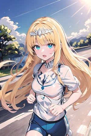 (anime:1.3),jogging, ,(running:1.5),white blue T-shirt,   1girl, solo, Calca, Calca Bessarez, blonde hair, (extremely long hair:1.3), very long hair, white tiara, blue eyes, medium chest, extremely long hair, blunt_bangs, bangs