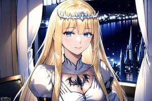  elegant makeup, tiara),  masterpiece quality, big suite window in back, it's night time, looking at the viewer, upper body, stunning image, light particles, Anime Style,  1girl, solo, Calca, Calca Bessarez, blonde hair, (extremely long hair:1.3), very long hair, white tiara, white dress, blue eyes, blunt bangs