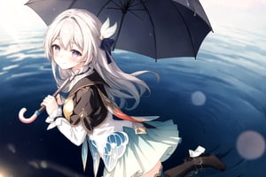 1girl,firefly \(honkai: star rail\),grey hair,long hair,purple eyes,closed mouth,light smile, black thighhighs, best quality, masterpiece, highres, intricate details, looking slightly shyly to the side, dynamic angle, from side, from above, 1girl, solo, holding {transparent umbrella}, looking at viewer, blush, frilled shirt, lacing sleeves, miniskirt, boots, white background, ray tracing, blue light, {waterdrops}, ripples, reflection, light particles, bokeh,