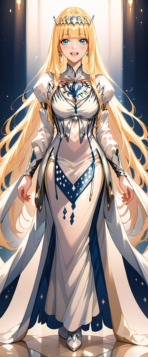 score_9,score_8_up,score_7_up,score_6_up, full body, standing, tall, masterpiece, very aesthetic,, blushing, happy face,, Visual_Illustration, Colorful art,Calca,Calca Bessarez,1girl,blonde hair,(extremely long hair:1.3),white tiara,white dress,blue eyes,medium chest,blunt bangs