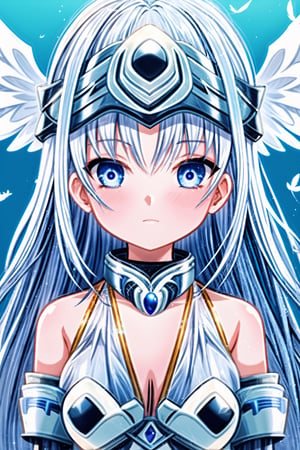 High quality, masterpiece, , 1 girl, beautiful female, , shiny hair, bright eyes, floating_hair, floating above a garden of different types of wildflowers,Noint, extremely long hair, silver hair, straight hair, light blue eyes, large white wing, feather Wings, hair ornament, silver hair band, off-shoulder, serious face, hand armors, silver neck armor,