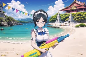 vibrant colors,, masterpiece, sharp focus, best quality, depth of field, cinematic lighting, (illustration, 8k CG, extremely detailed), masterpiece, ultra-detailed, Picnic girl

,1girl, solo, ,yuri alpha, white maid headband, maid dress, medium breast, wearing glasses, gauntlet,

Songkran festival, water splash, water festival, water gun, sand castle, water bucket, golden pagoda, golden temple, festival flags, the effect of flowing water, colorful style, Thailand decoration, colorful swimming glasses, enjoyment, a lot of festival flag, holding water gun,