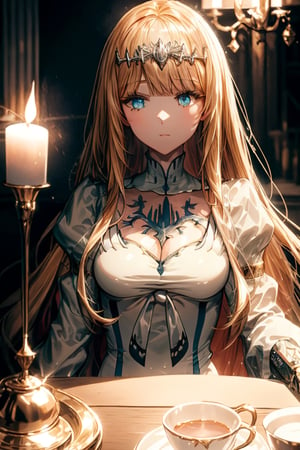 (masterpiece, top quality, super detail, 8k, intricate details), depth of field, focus on tea table, illuminated , lying girl, luxurious room, gothic victorian style, background slightly blurred, , night, wallpaper, ambient lighting, candlelight, lofi ambient, 1girl, solo, Calca, , ,blonde hair, , medium chest, extremely long hair, very long hair, extra long hair, white tiara, white dress, blue eyes,