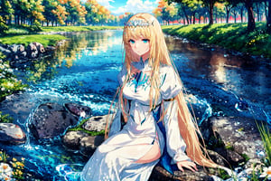 masterpiece,best quality,1girl,mature female,calca, ,sitting,neutral expression,outdoors,riverbank,wind,water drop, calca bessarez,blonde hair, extremely long hair, very long hair, medium breast, white tiara, white dress, blue eyes