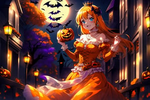 dancing, light smile, orange witch, (Woman dressed in a orange spooky Halloween costume:1.3), holding a small dark blue box, pumpkins decoration, score_9, score_8_up, score_7_up, source_anime, rennertheierechardelonrylevaiself, renner theiere chardelon ryle vaiself, long hair, blue eyes, blonde hair, hair ornament, very long hair, flower, hair flower, light smile, too much blushing, orange long sleeves, Halloween dress, jewelry, white puffy sleeves, necklace, orange dress, crown, princess, frills, indoors, night, night sky, moonlight, moon, Halloween curtains, window, looking at viewer, cowboy shot, dutch angle,  (Halloween party:1.4), (Halloween decoration:1.4), pumpkin, bat, death tree, graveyard, outdoor, Horror atmosphere,