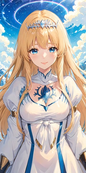 1girl, solo, looking at viewer,  heaven background, , detailed background,, ,close lips,smile, , Calca, solo, calca, blonde hair, medium chest, extremely long hair, very long hair, extra long hair, white tiara, white dress, blue eyes,Calca Bessarez,medium breast