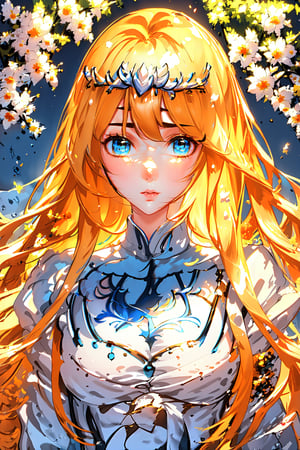 (masterpiece: 1.2)), beautiful and aesthetic girl, ((1girl)), extreme detailed, highest detailed image, ((detailed eyes)), ((light particles)), sexy, cherry blossom, cherry blossoms.,Eyes, 1girl, solo, Calca, Calca Bessarez, blonde hair, (extremely long hair:1.3), very long hair, white tiara, white dress, blue eyes,