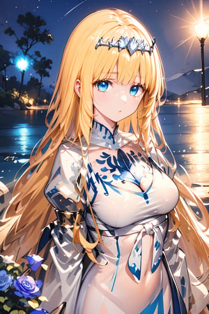 masterpiece, best quality, ultra detailed, extremely detailed, wallpaper (surrounding with blue flames, night, indigo flowers, water, flow, volumetric light, fantasy environment),  1girl, solo, Calca, Calca Bessarez, blonde hair, (extremely long hair:1.3), very long hair, white tiara, white dress, blue eyes, medium chest, medium breast, yellow hair color