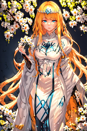 ((masterpiece: 1.2)), beautiful and aesthetic girl, ((1girl)), extreme detailed, highest detailed image, ((detailed eyes)), ((light particles)), sexy, cherry blossom, cherry blossoms, medium shot., solo, Calca, Calca Bessarez, blonde hair, (extremely long hair:1.3), very long hair, white tiara, white dress, blue eyes, medium breast