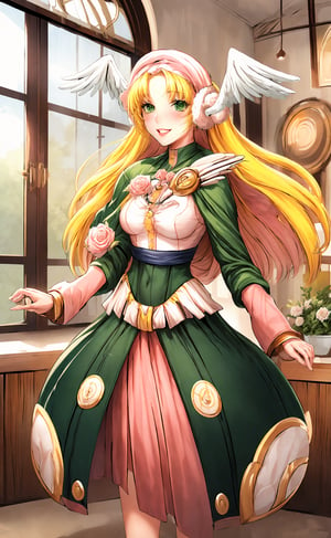 masterpiece, best quality, , looking at viewer, blush, smile, standing, (indoors, flower shop),  lips,  window, roses, daisies, denim, flowers, ,  medium chest, Divine Chant, 4th Seat of the Black Scripture, blonde hair, green eye, (pink dress:1.2), green hood, very long hair, 1girl, solo, angelwing-shaped earmuffs