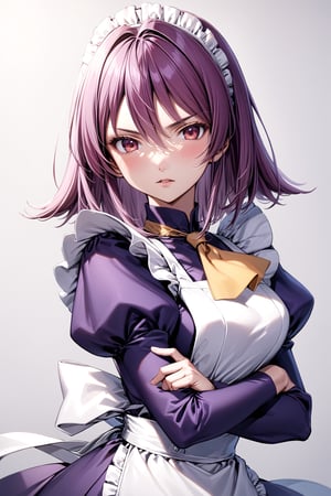 looking at the viewer, blush, upper body, parted lips,  medium chest, dark purple maid, 1girl, solo, dark purple maid dress, white apron, white maid headband, yellow double necktie, puffy sleeve, long sleeve, dark pink hair, sidelock, short hair, dark pink eyes, serious face