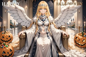 magazine, magazine cover, score_9, score_8_up, masterpiece, best quality, highres, BREAK, solo, smile, female focus, earrings,
(masterpiece), (best quality), 8k illustration, solo, in hall, palace, throne,  (Halloween party:1.4), (Halloween decoration:1.4), blonde hair,Calca,Calca Bessarez,1girl,(extremely long hair:1.3),white tiara,white dress,blue eyes,medium chest,blunt bangs,
1angel, (enormous white wings:1.3), (very big wings:1.2), upper wings, himecut