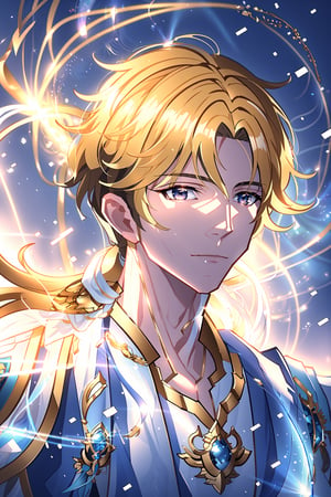 calm and slender male, His eyes glow quite brightly. He looks like a prince. Hyperdetailing masterpiece, hyperdetailing skin, masterpiece quality, with 9k resolution. He has light blue thunder's magical power.  . Masculine appearance, neat, well-groomed. detalied face.1male, blonde hair, brown eyes, one-sided braid, long hair, armor,Hyouka