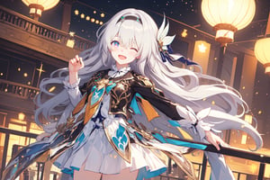 masterpiece, best quality, ultra-detailed, extremely detailed, depth of field, dynamic pose, 1girl, firefly (honkai star rail), blush, jacket, headband, hair ornament, (v:1.6), smile, one eye closed, open mouth