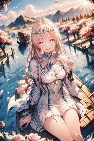 Masterpiece, beautiful details, perfect focus, uniform 8K wallpaper, high resolution, exquisite texture in every detail, ((fisheye lens: 1.8)),
1 girl, solo, mid-chest, cleavage, looking at the viewer, blue eyes, deep eyes that shine clearly, smile, happy, open mouth, , , holding, , sitting, flowers, , outdoors, , parted lips, , sun, ,, water, , blurred,  , , petals, , , depth of field, rose, , , white flowers, red flowers, , pink flowers , red roses, , purple flowers, white roses, gondola rides, pink roses, purple roses, Calca, Calca Bessarez, blonde hair, extremely long hair, very long hair, white tiara, silver tiara, white dress, blue eyes, medium chest