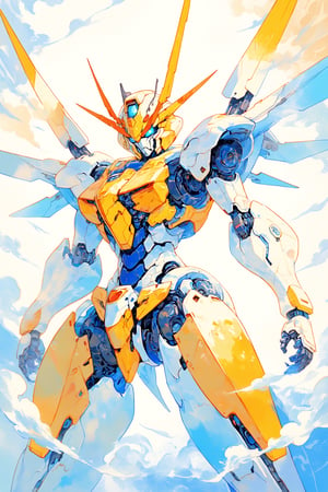 "The overall effect is a blend of impressionism and abstraction, creating a rich, immersive setting that complements the selective focus on a military gundam robot  hovering in the air. The scene should feature an impressionist selective focus on the drone. In contrast, the background should transition into an abstract, painterly environment. The atmosphere should be hazy and diffuse, contributing to an ethereal and somewhat dystopian feel. Indistinct forms and shapes in the background should suggest an accident, possibly people, rendered in a loose, impressionistic style to emphasize mood and atmosphere over detailed realism. Use a muted Cinematic Palette with cooler tones such as blues, teals, and orange to create depth and atmosphere. Use muted shades of earthy tones to depict worn, weathered and aged appearances. Use muted accents like rusty orange-yellows, and rusty teals to highlight tiny areas and add visual interest. Use this blend of subdued and bold colors to emphasize the gritty nature of the scene.",palette knife painting