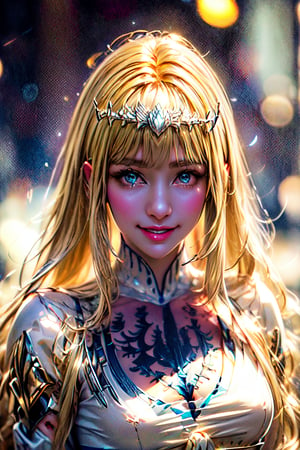 (Amazingly Beautiful Photo), Detailed Textures, high quality, high resolution, high Accuracy, realism, color correction, Proper lighting settings, harmonious composition, Behance works, 1girl, solo, Calca, Calca Bessarez, blonde hair, (extremely long hair:1.3), very long hair, white tiara, white dress, blue eyes, medium chest, medium breast, yellow hair color, smile, happy face