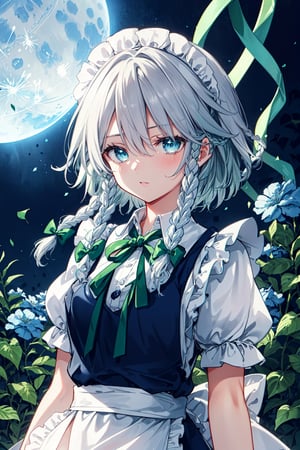 1 girl, dark blue moon in the sky, night, light blue flowers, ((illuminated)) , floats falling, upper body, garden, intense shadows, ash,,((ink wash paint)),((ink splatter)),((color splatter)), ,izayoi_sakuya_touhou, : ,,solo ,Sakuya, , Sakuya Izayoi, blue maid outfit, white apron, white maid headband, silver hair, (two braided hair:1.6), short hair, blue eyes, blue eyes, (two green ribbons on her braided hair:1.5), green bowtie,braid