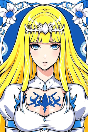 flower power combines with psychedalic colours, 1girl, solo, Calca, Calca Bessarez, blonde hair, (extremely long hair:1.3), very long hair, white tiara, white dress, blue eyes, medium chest, medium breast, yellow hair color