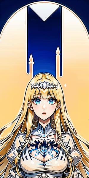 1girl, solo, Calca, Calca Bessarez, blonde hair, (extremely long hair:1.3), very long hair, white tiara, white dress, blue eyes, medium chest,extremely long hair