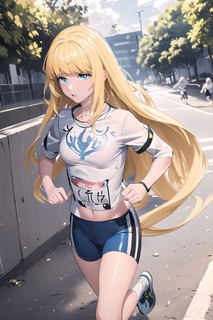 (anime:1.3),jogging, ,(running:1.5),white blue T-shirt,   1girl, solo, Calca, Calca Bessarez, blonde hair, (extremely long hair:1.5), very long hair, white tiara, blue eyes, medium chest, extremely long hair, blunt_bangs, bangs