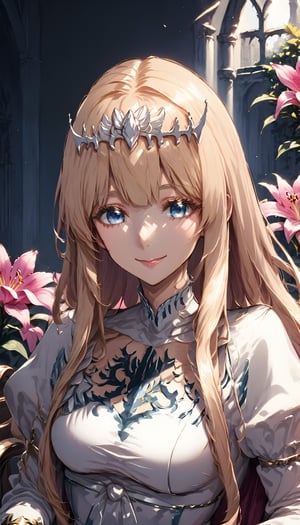 looking at the viewer,  charming smile, upper body, flower, female focus, solo focus, sitting on the chair, pink lily\(flower\), hands perspective, kabe pause,more detail XL,mirham, 1girl, solo, Calca, Calca Bessarez, blonde hair, (extremely long hair:1.3), very long hair, white tiara, white dress, blue eyes, medium chest,extremely long hair