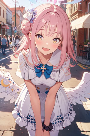 masterpiece, best quality, highres, aamika, halo, long hair, hair flower, angel wings, white wings, low wings, crescent, capelet, blue bow, frills, white dress, wrist scrunchie, white pantyhose, , leaning forward, standing, , outdoors, smile, open mouth, hand on own knee, 

Valentine theme park, Valentine decoration, red and pink cafe, heart, chocolate, love effect