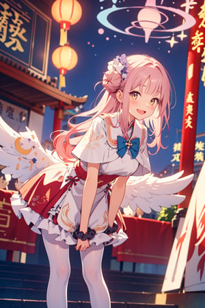 masterpiece, best quality, highres, aamika, halo, long hair, hair flower, angel wings, white wings, low wings, crescent, capelet, blue bow, frills, red Chinese dress, wrist scrunchie, white pantyhose, , leaning forward, standing,  Chinese new year, outdoors, smile, open mouth, red outfit

red theme, Chinese new year background, ,chinese lantern, red chinese decoration, chinese buildings