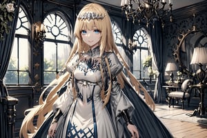 1girl, solo, beautiful blue eyes, Calca, Calca Bessarez, blonde hair, (extremely long hair:1.5), very long hair, white tiara, white dress, blue eyes,, , extremely long hair, in luxurious room, victorian gothic style room, window, day light, perfect light, smile